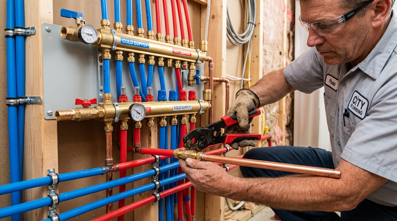 Plumber assembling PEX piping and copper manifold with brass crimp expansion fittings