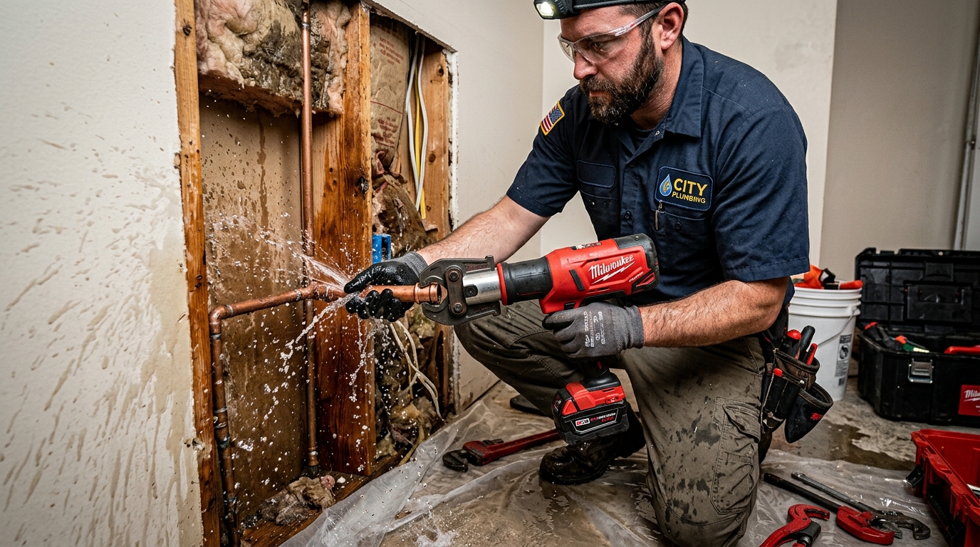 Emergency burst copper water pipe repair with ProPress tool in residential wall cavity