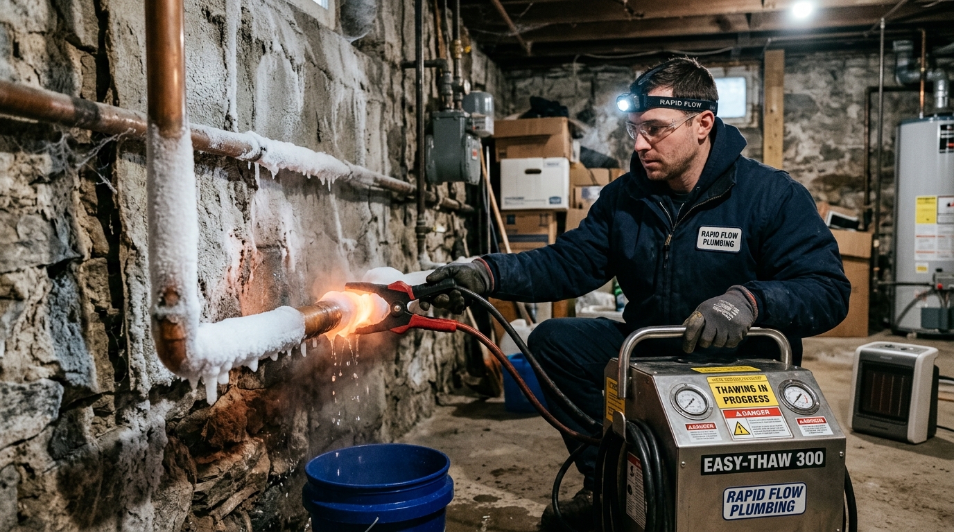 Professional electrical resistance thawing of frozen water supply pipes in winter basement