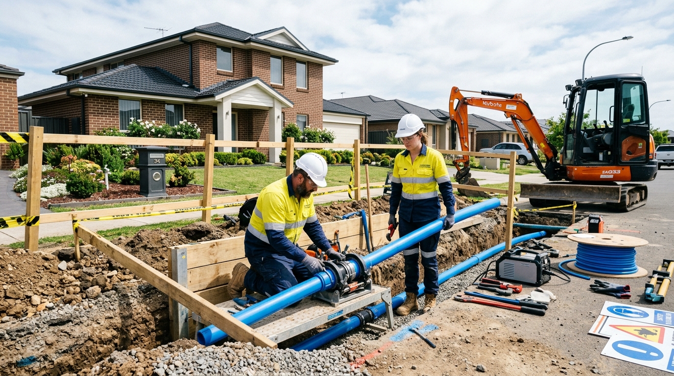 Licensed contractors repairing underground blue HDPE main water service line trench