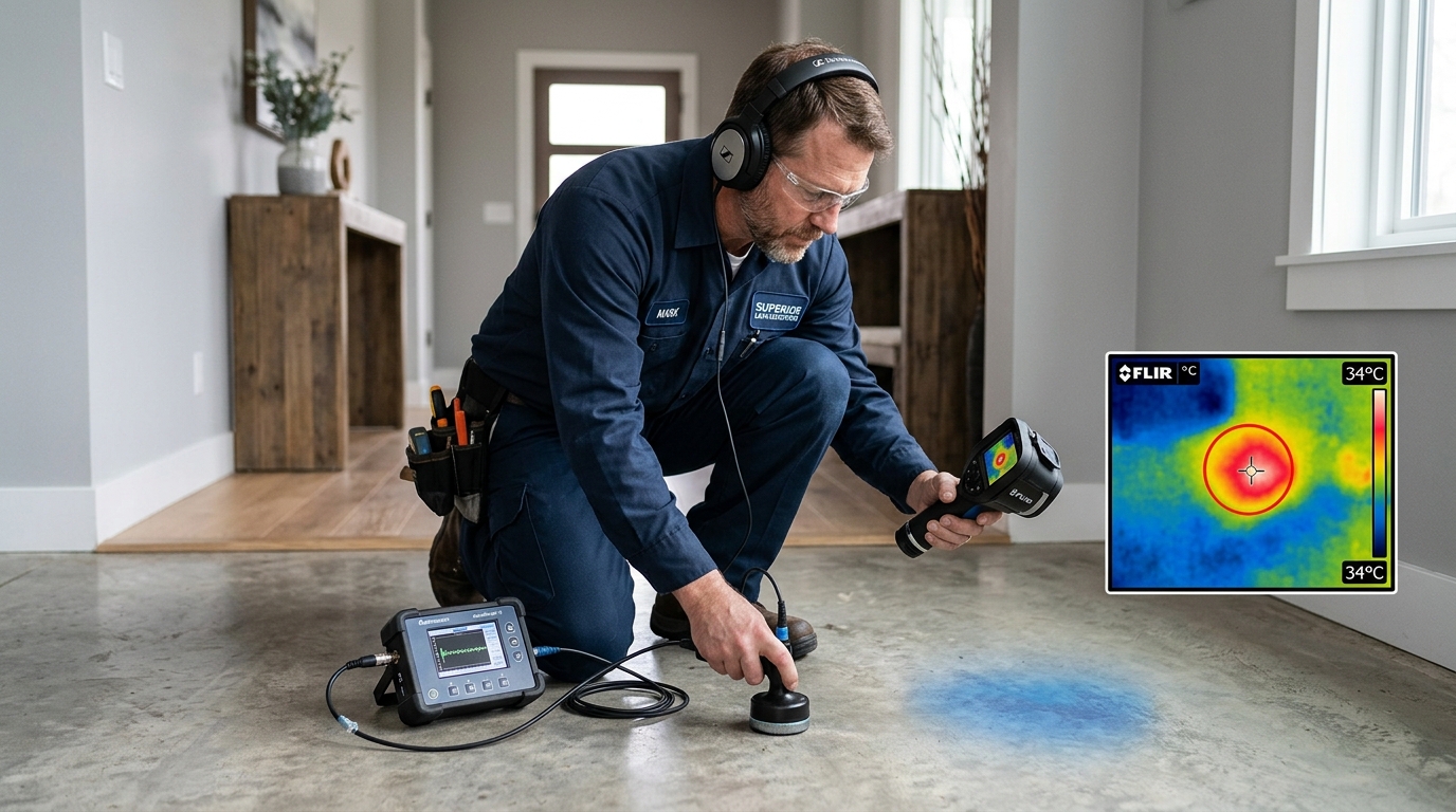 Electronic acoustic slab leak detection and concrete floor foundation pipe repair