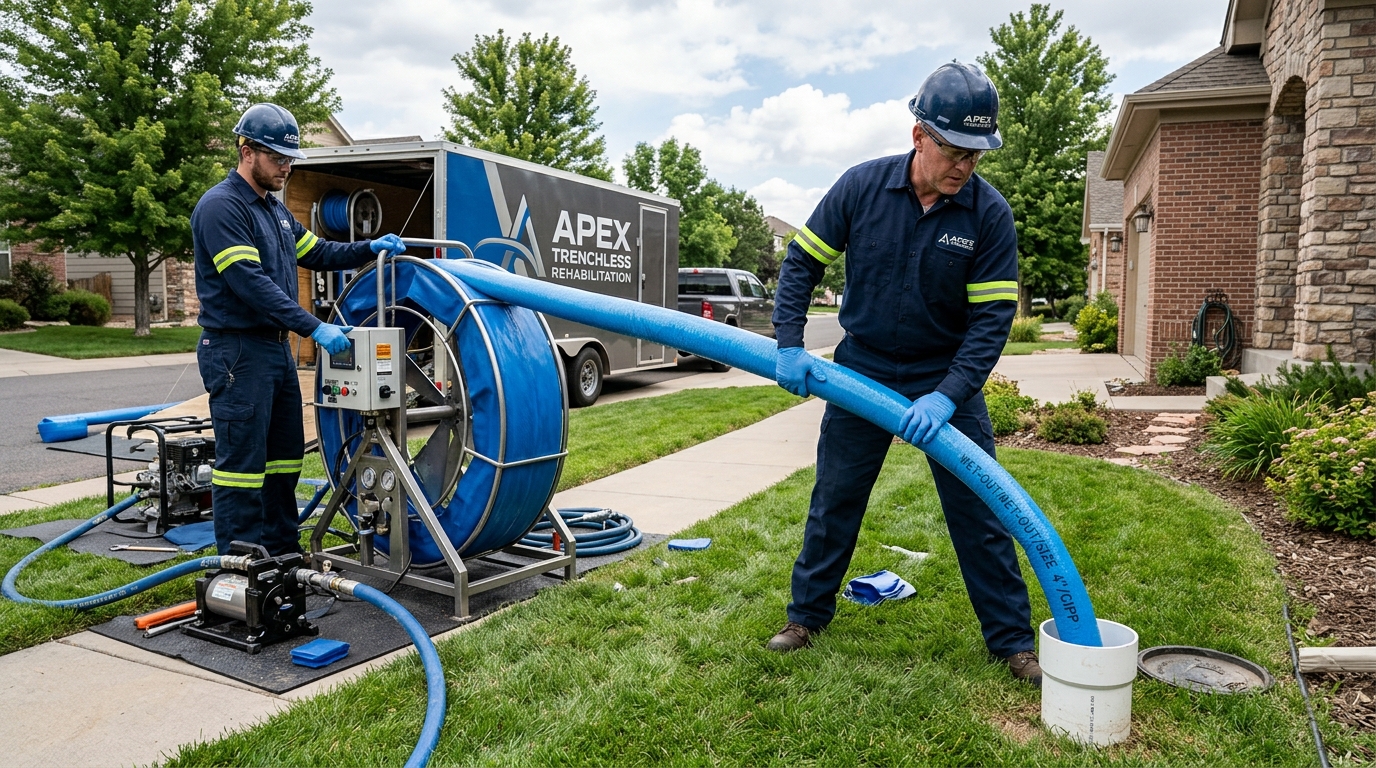 Trenchless plumbing crew inserting epoxy CIPP pipe lining inversion tube
