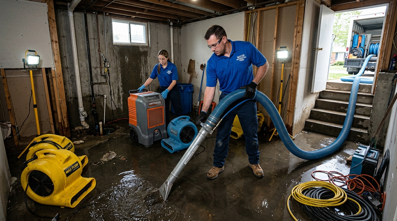 Flood restoration specialists using truck-mounted water extraction and dehumidifiers